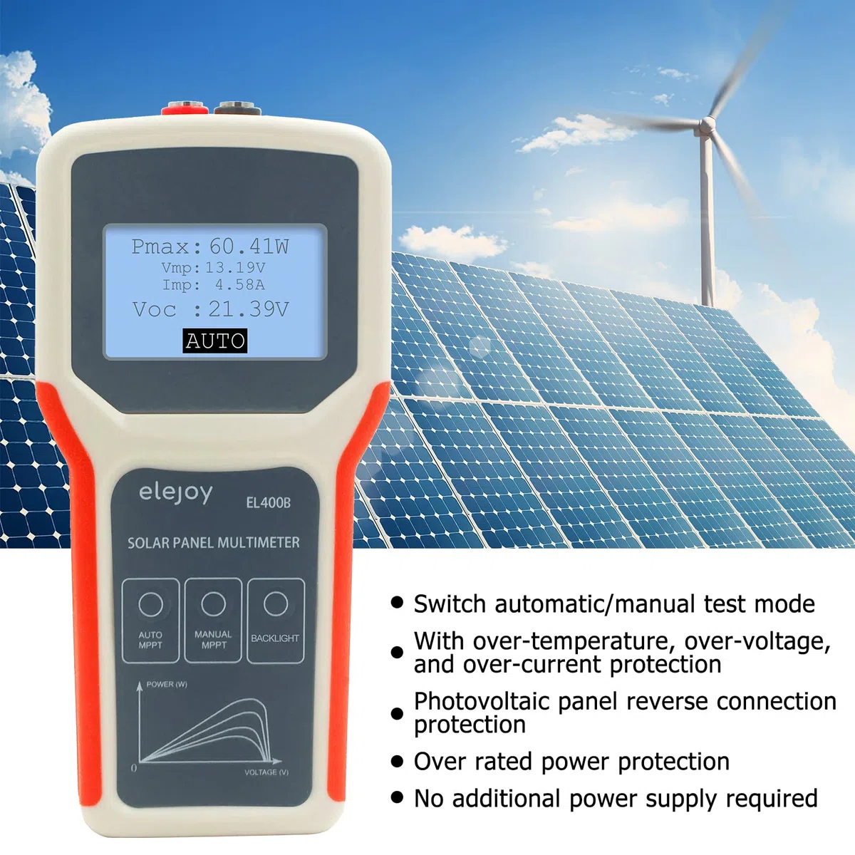 Photovoltaik Panel Multimeter, Solarpanel Mppt Tester Strom Leerlaufspannungsmesser Für Photovoltaik Panel Keine Zusätzliche Stromversorgung Erforderlich Einfach Zu Bedienen(El400b)