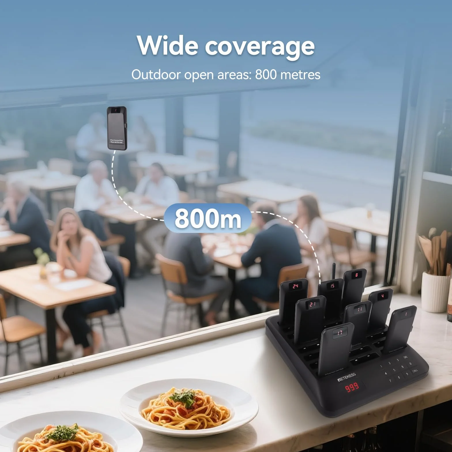 Retekess TD157P Pager Rufsystem, 800M Restaurant Pager, 24 Pagers, 39 Rufmodi, 300 mAh Akku 24H, Mit Stummschalttaste, Außer Reichweite Alarm, Pager Pieper für Food Court, Hotel, Bar