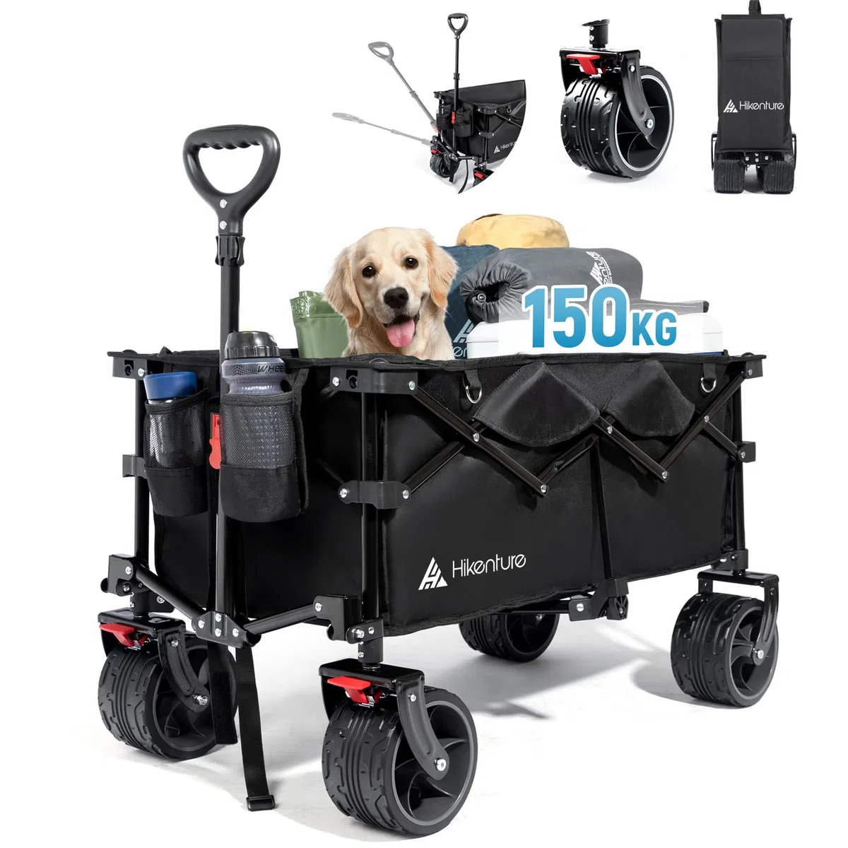 HIKENTURE Bollerwagen Faltbar 135L Faltbarer Bollerwagen - Klappbarer Handwagen für Strand Camping Einkaufen - Faltbollerwagen Handwagen