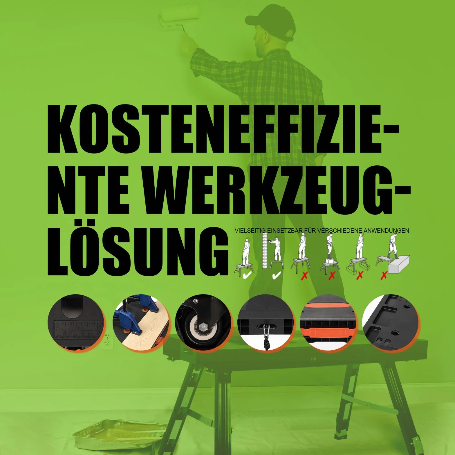 GARDTECH Klappwerkbank 5-in-1, werkbank klappbar & höhenverstellbar, als Werkbank und Arbeitstisch, 150 kg Tragkraft, große Arbeitsfläche mit Winkelangaben, EU-Steckdose, für Werkstatt, Garage & DIY