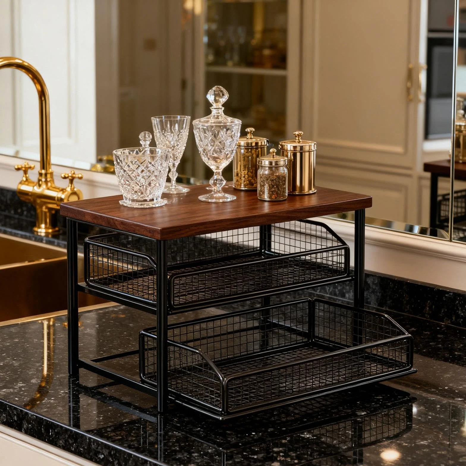Kaffee Station Organizer Regal mit Schublade Zweistufige Ablage Aus Eisen Und Holz Ideal Zur Aufbewahrung von Tassen Und Zutaten für Küche Kaffeebar V, Schwarz