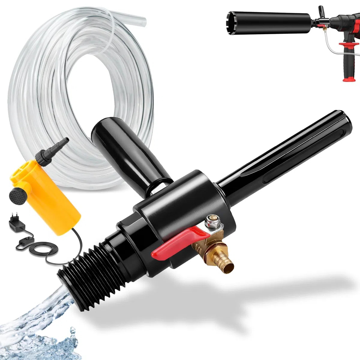 Adapter 1 1/4" UNC auf SDS Max mit Automatisch Wasserspülung, Wassereinspritzung Möglich, inkl. 4m Wasserleitung + Wasserpumpe, SDS Max Adapter für Diamantbohrkrone Kernbohrer Bohrkrone Dosensenker