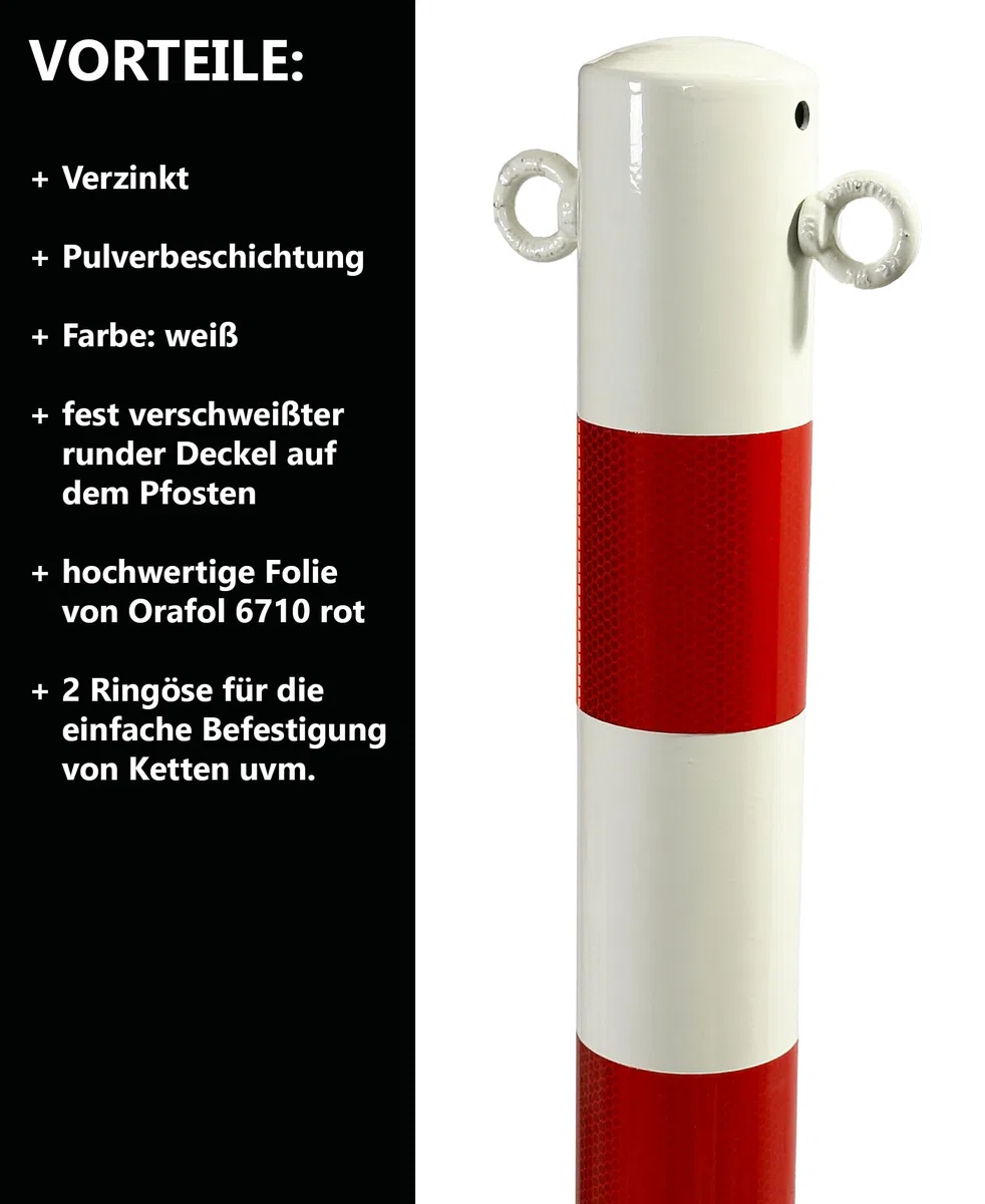 UvV SteelOn ABSPERRPFOSTEN aus Stahlrohr ø 60x2,5mm, mit 2 Ösen, lose herausnehmbar mit Bodenhülse (kein Verschlussmechanismus)