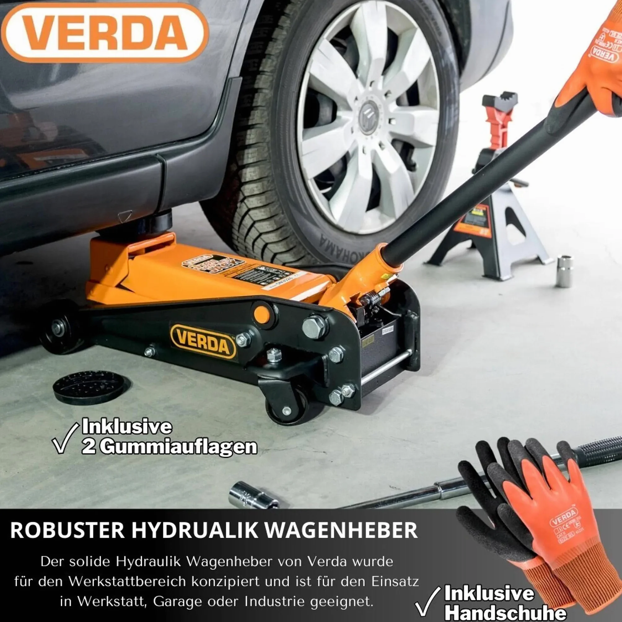 Verda Wagenheber hydraulisch 3T (130-490) 2X Gummi Rangierwagenheber, PKW, Profi, Tief, Doppelpumpsystem Doppelkolben, Heber, Ständer, Flache, Werkstatt, Wohnmobil, Geländewagen Montagehandschuhe