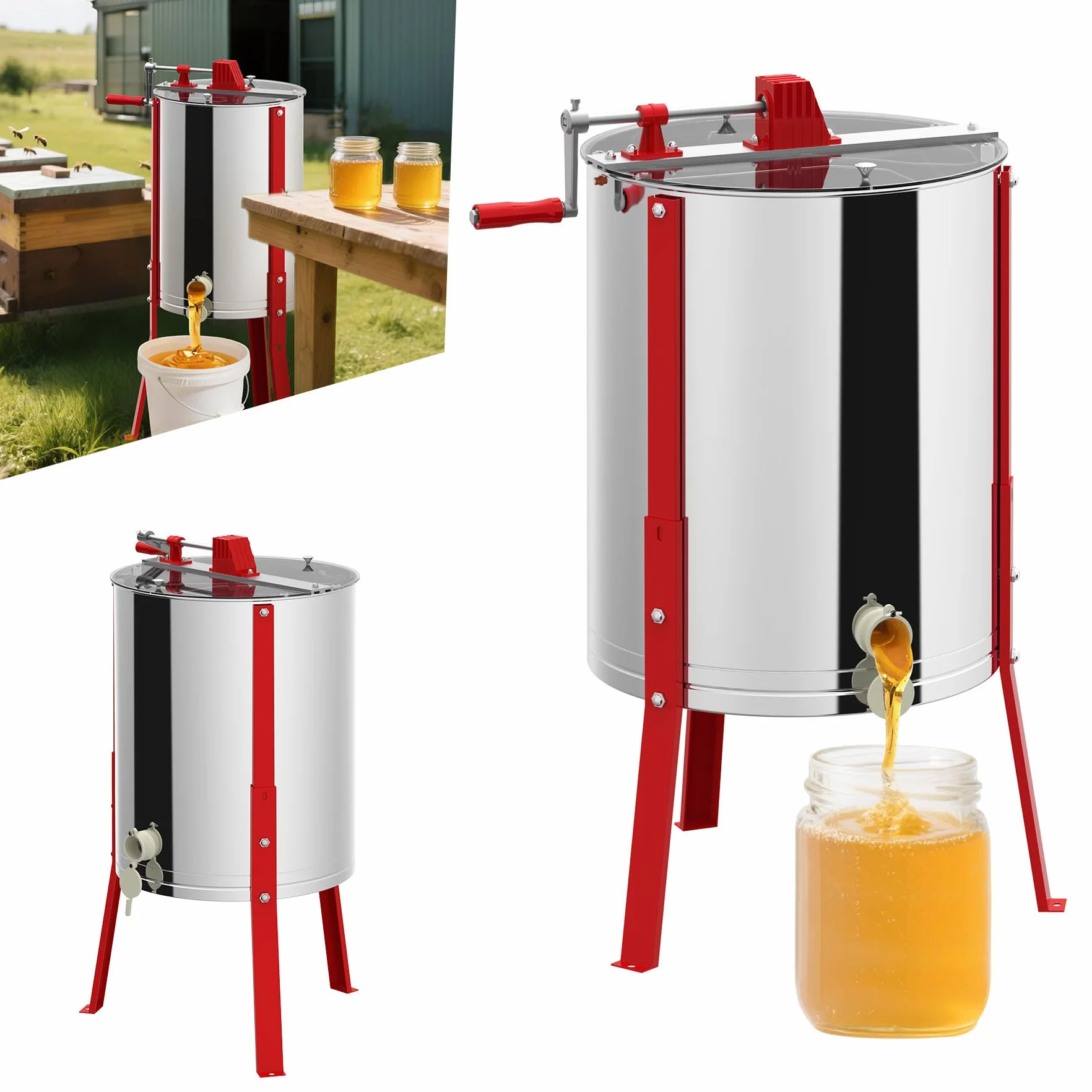 ACXIN Honigschleuder Edelstahl Manuell Honigextraktor für Hobby- und Profi-Imker Verstellbare Beine 15-20kg Kapazität Bienenzüchter Zubehör Schleuder Honig mit Deckel und Handkurbel (Ø 48cm - 4 Waben)