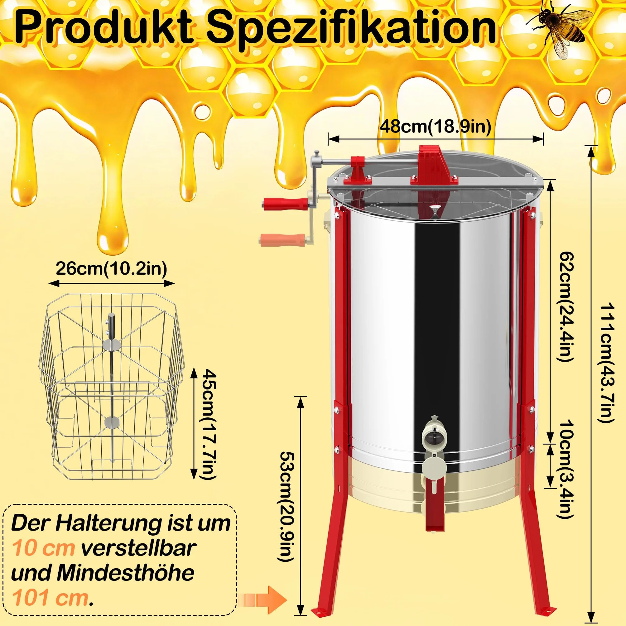 ACXIN Honigschleuder Edelstahl Manuell Honigextraktor für Hobby- und Profi-Imker Verstellbare Beine 15-20kg Kapazität Bienenzüchter Zubehör Schleuder Honig mit Deckel und Handkurbel (Ø 48cm - 4 Waben)