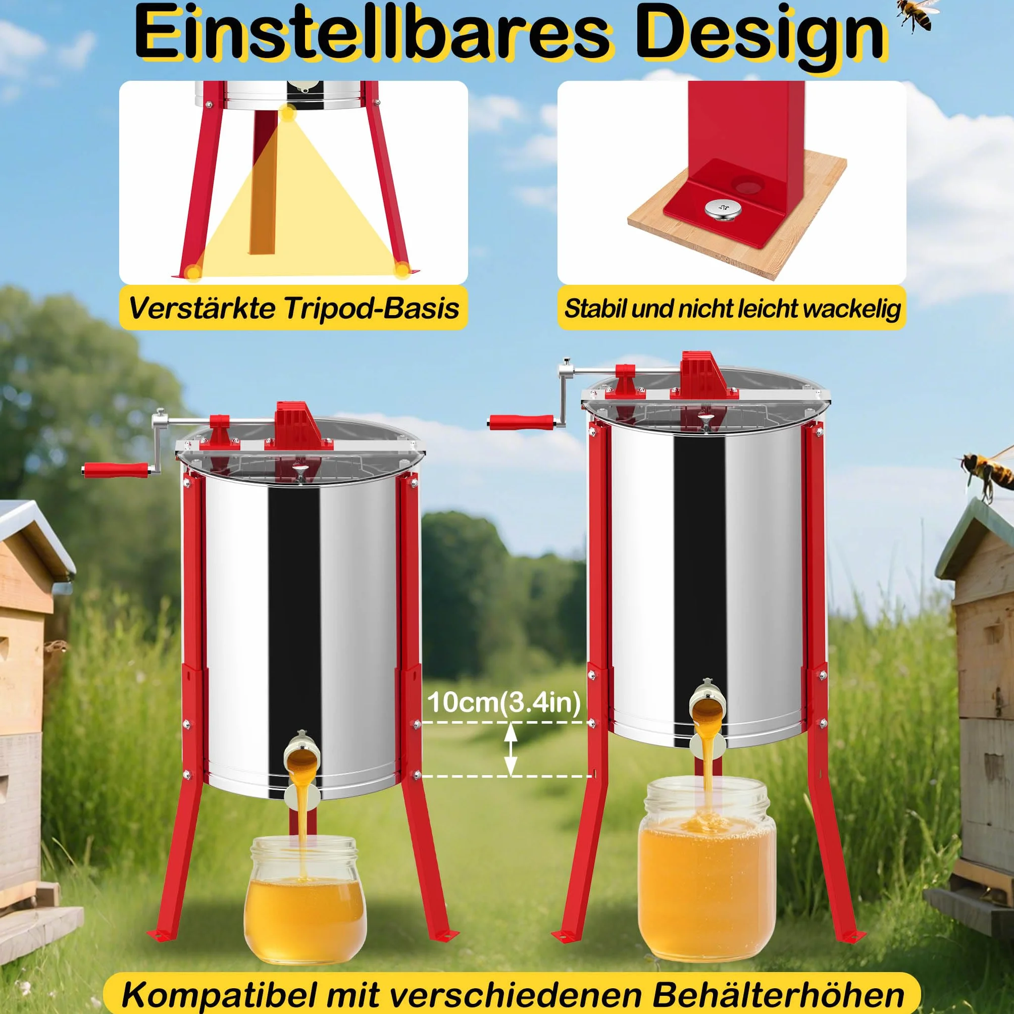 Aufun Manuelle Honigschleuder Waben Tangentialschleuder Edelstahl, Honigextraktor Tangentialschleuder mit Deckel und Verstellbarem Ständer (2 Waben)