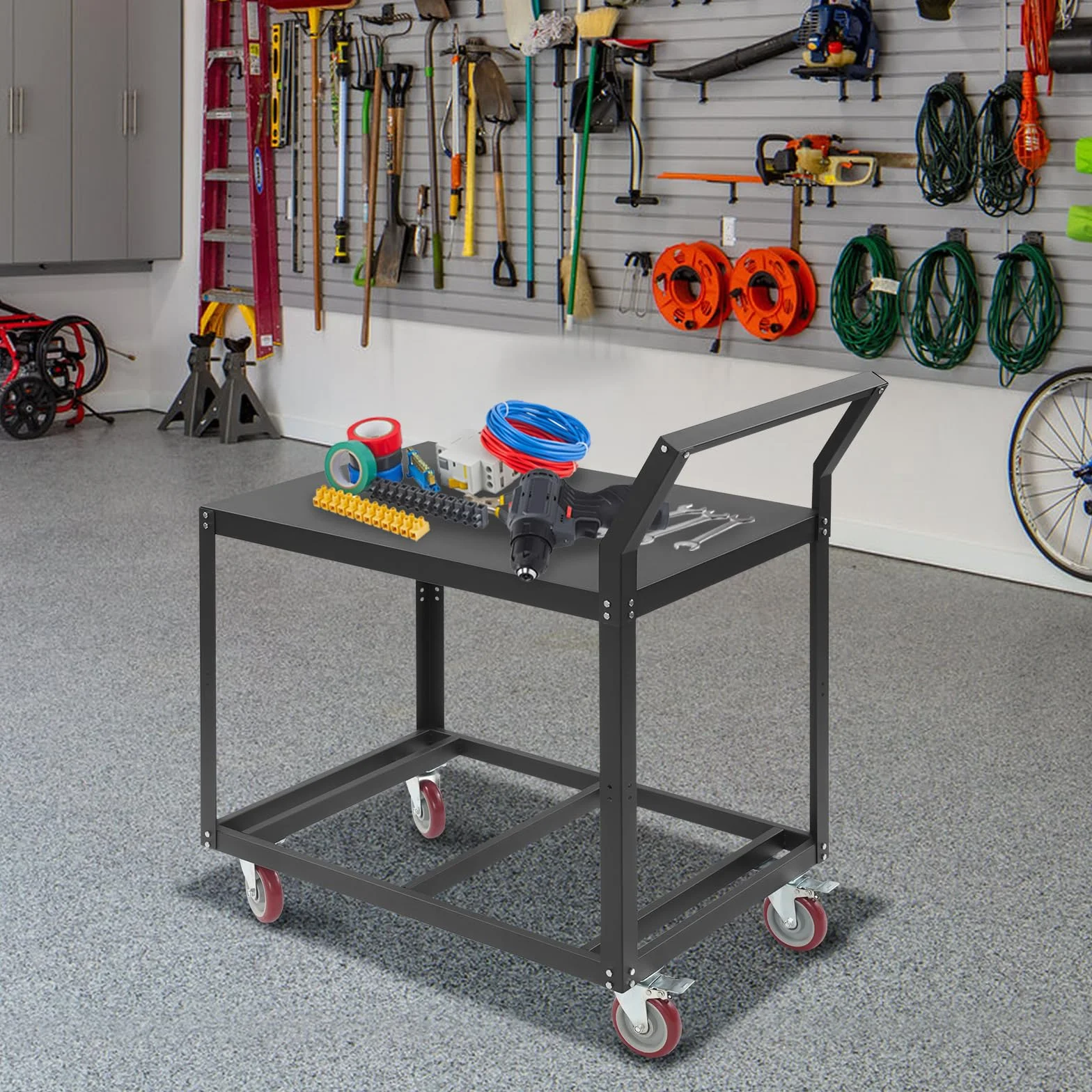 Arbeitstisch mit Rollen 350kg Traglast, Stahl Werkbank Rollwagen Industrie, Schwerlast Transportwagen mit 4 Rädern & 2 Bremsen, Metall Arbeitstisch für Werkstatt, Garage, Garten (Schwarz, 90x60x106cm)
