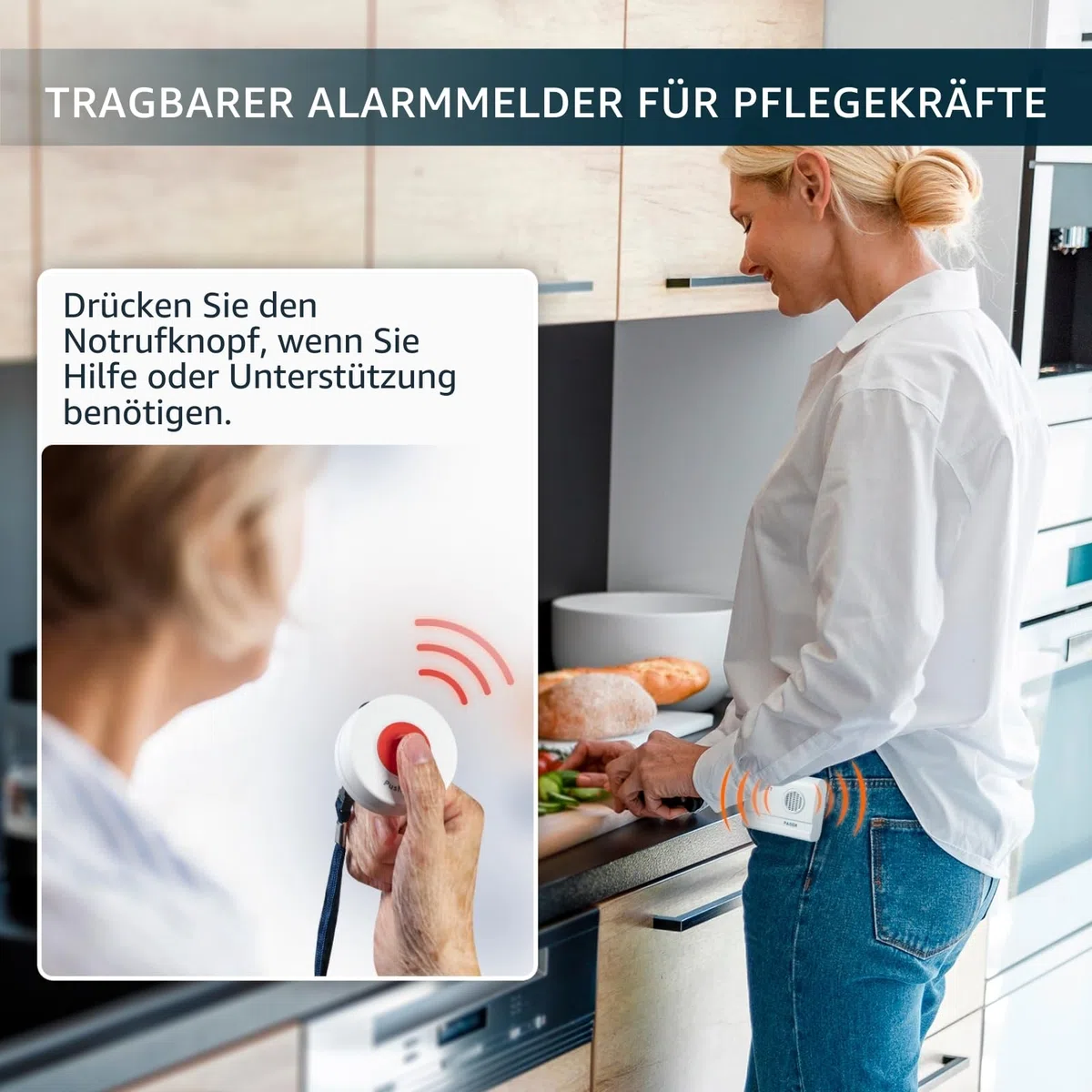 Pflege Pager mit 2 Rufknöpfen Kabelloses Rufsystem für Senioren Altenpflege und betreutes Wohnen Notrufhilfe auf Knopfdruck