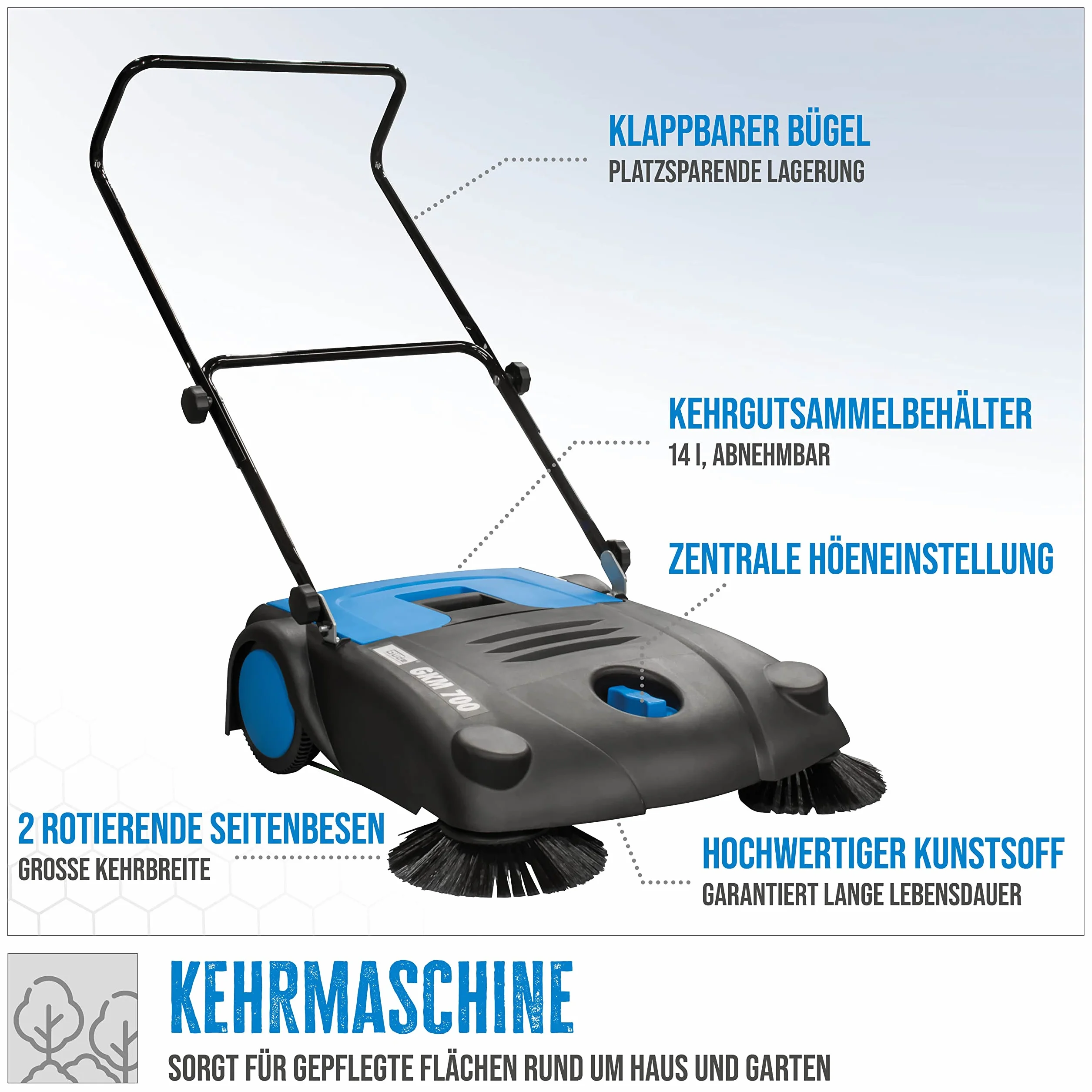 Güde Kehrmaschine GKM 700 manuell, 700 mm Kehrbreite, 14 l Schmutzbehälter, 2000 m² Flächenleistung/Stunde, Blau