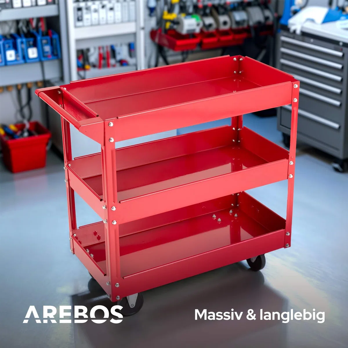 Arebos Werkstatt-Rollwagen | Montagewagen mit 3 Ablagefächern | bis 120 kg belastbar | robuster Werkzeugwagen aus Stahl | Mobile Transporthilfe | für Werkstatt, Garage & Hobbyraum | 2er Set
