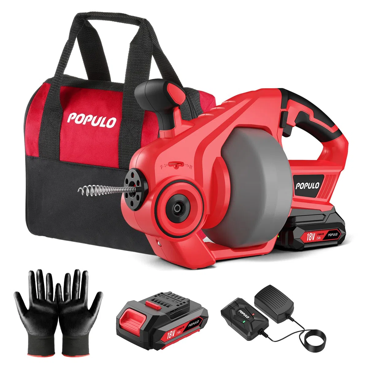 Zwei Akkus-POPULO Rohrreinigungsspirale Akku-Rohrreiniger, 7,6m 18V Elektrischer Abflussreiniger für 18-65mm Rohrverstopfungen Verwendet, Geeignet für WC, Kanalisation, Badewanne, Küchenspüle und Was