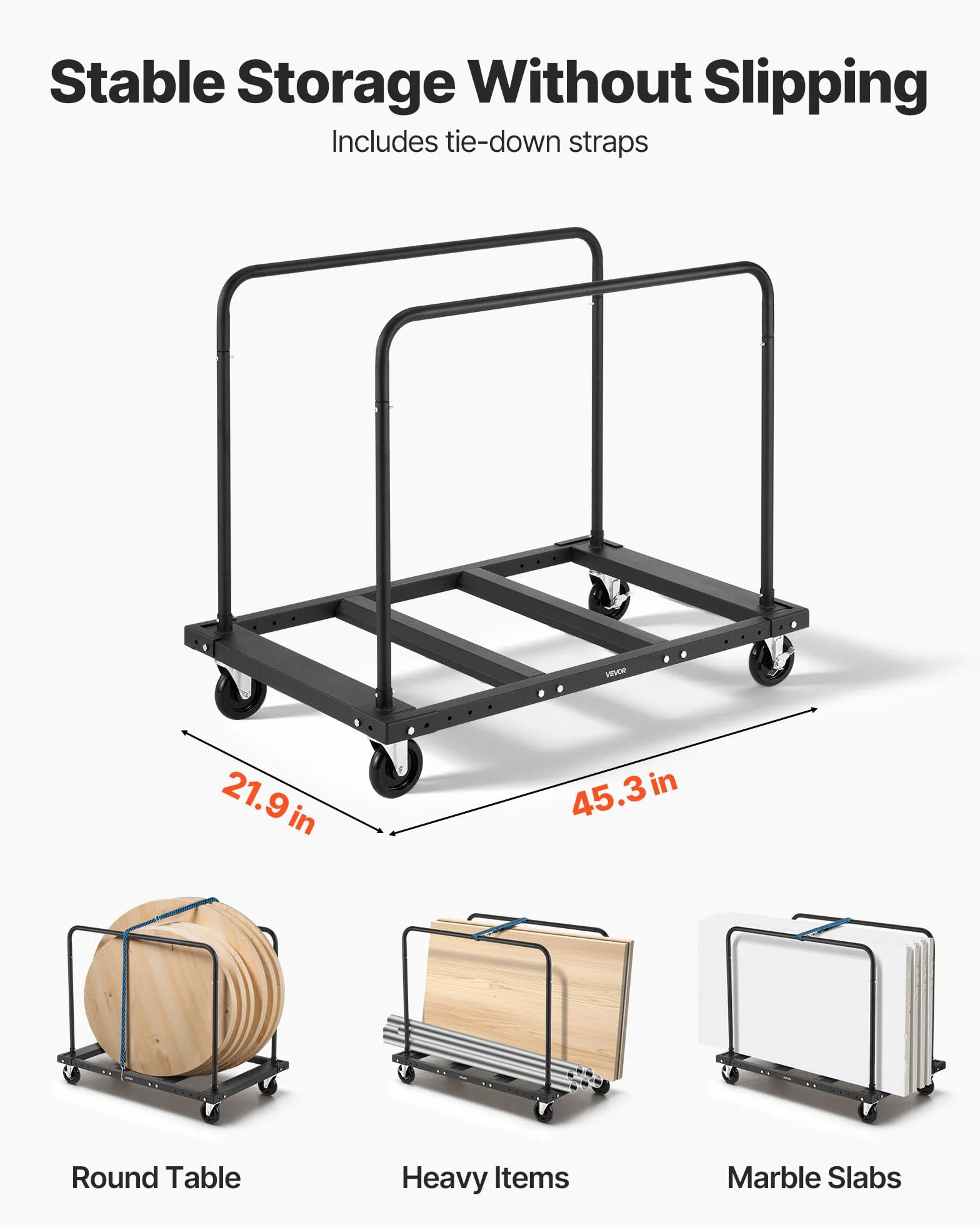 VEVOR Plattenwagen, 816 kg, Transportwagen mit 12,5 mm Lenkrollen, Plattenroller, Rohrbügelwagen mit Zurrgurt & 2 seitlichen Handläufen, Transporthilfe für Fabrik, Lager, Garage, Schwarz