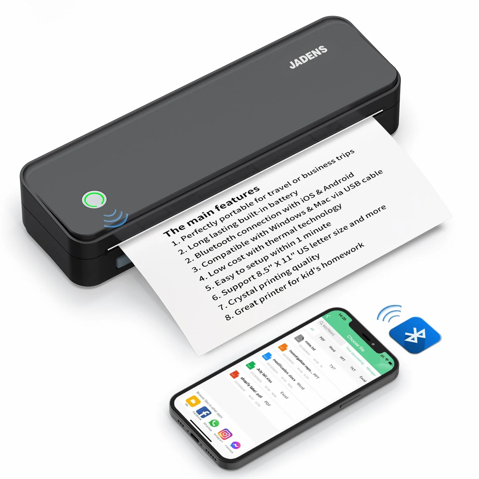 JADENS Portable Thermal Drucker, Unterstützen 210x297mm A4, Bluetooth Mobile Tragbarer Drucker A4, kompatibel mit Android und iOS für Unterwegs & Laptop