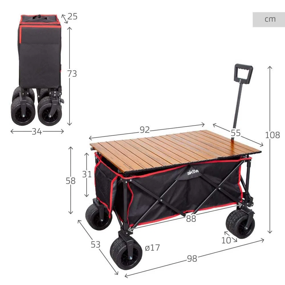 AKTIVE Strandtischwagen, Zum Transportieren von Strand-, Garten- oder Campingzubehör, Schwarz, 100 kg, Stabile 360º Schwenkräder mit Bremse, Mehrwinkelgriff, Tasche, Abdeckungen, Stuhlgestell (62373)