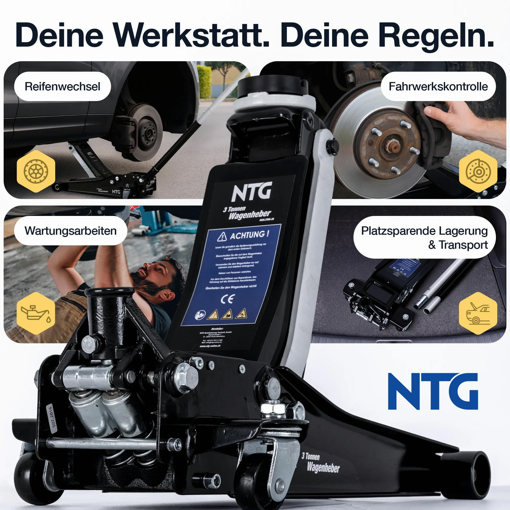 NTG HYDRAULISCHER WAGENHEBER 3T – Wagenheber Hydraulisch mit Doppelkolben & Schnellhub, 85–485 mm Hubhöhe – Rangierwagenheber inkl. 2 Gummiauflagen für PKW & SUV