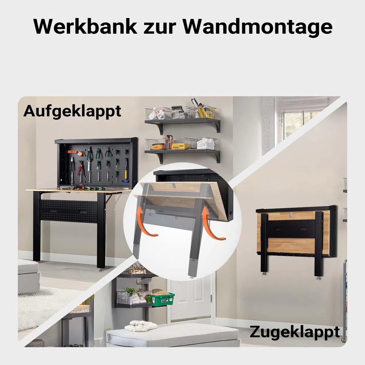 Wiltec Werkbank zur Wandmontage bis 200 kg, klappbare Werkzeugbank 120,5 x 82,5 x 162 cm mit Lochplatte als Rückwand, Werktisch mit Arbeitsplatte aus Holz