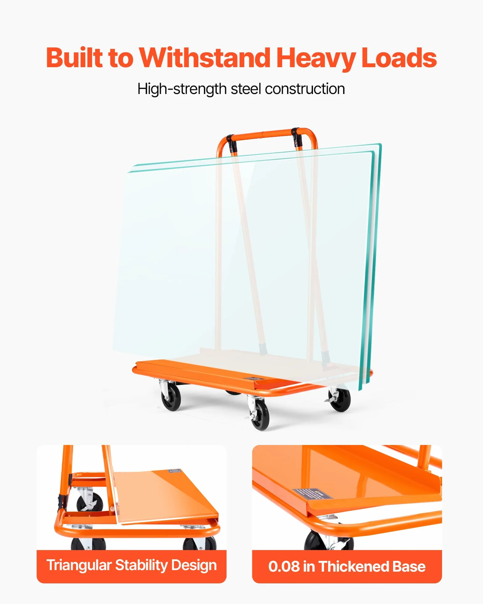 VEVOR Plattenwagen, 816 kg Tragkraft, Transportwagen mit 4 Lenkrollen, Paneelwagen, Plattenkarren mit Spanngurt, Transporthilfe für Sperrholz, Gipskarton, Glas, Orange, 1150x555x1180 mm