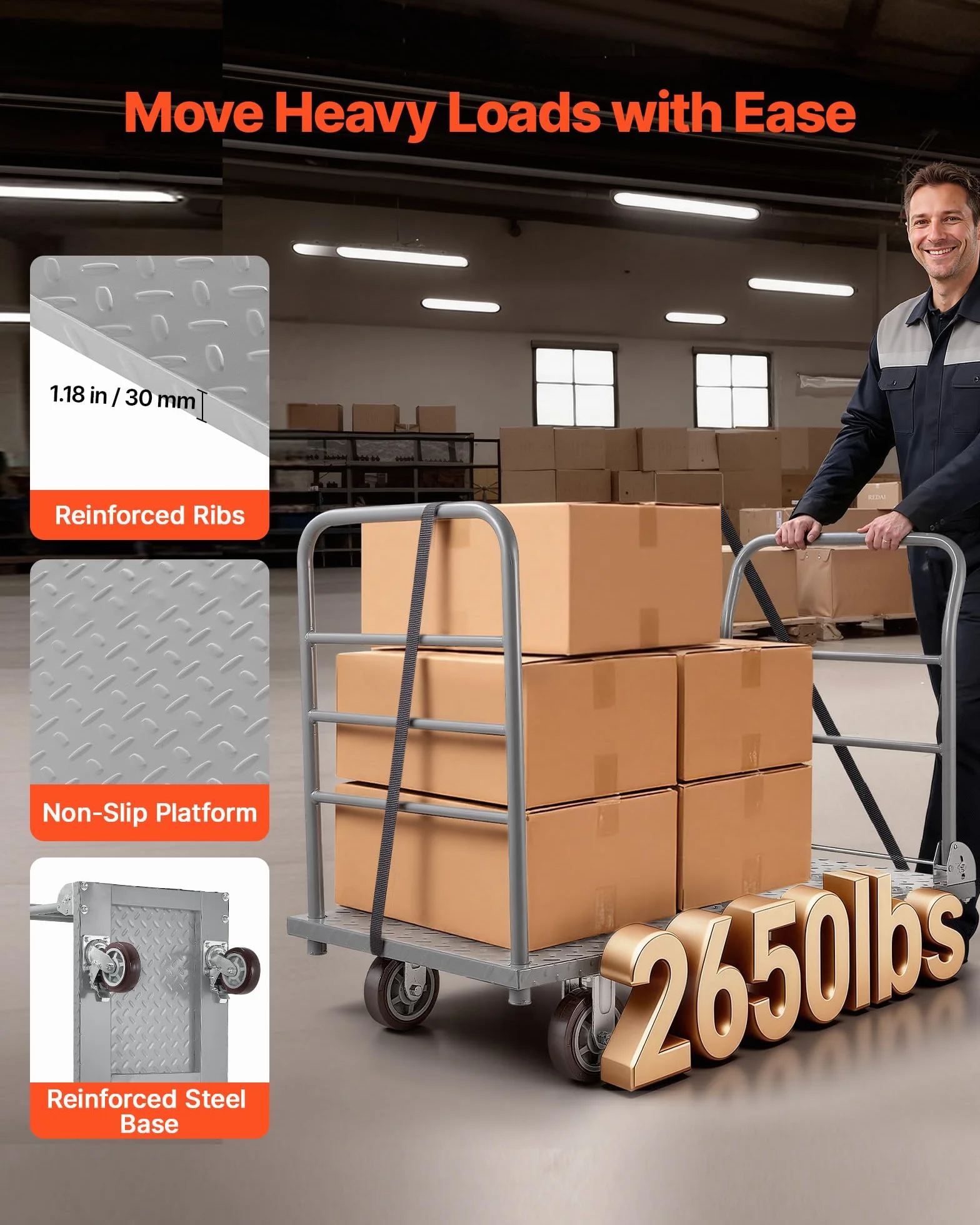 VEVOR Plattformwagen Klappbar 1202 kg, Schwerlast-Transportwagen mit abnehmbarem Geländer & Schwenkrädern, Industriewagen, für Supermärkte, Garagen & Lagerhallen, 1220x610x920 mm Rollwagen