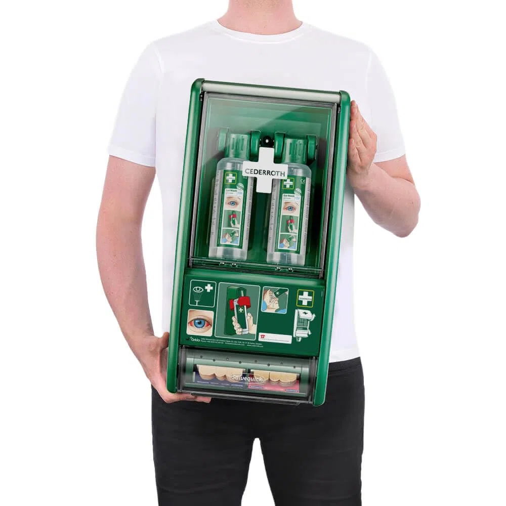 CEDERROTH Augenduschstation, 2 Augenspülflaschen 500 ml, mit Pflasterspender aus Kunststoff, Art.-Nr. 721500 | Augenspülung | Augenspülstation | Augenduschstation
