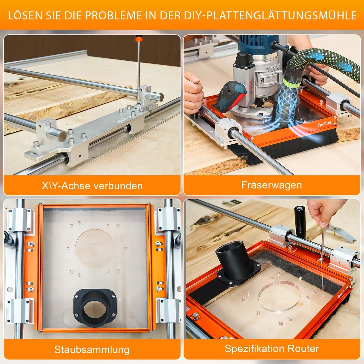 SpeTool Staubabsaugsystem für Linearschienenschlitten mit Gleitadapterplatte für SBR20UU- und SCS20UU-Schienen. 2,5-Zoll-Staubanschluss. Vorgebohrte Acrylplatte für die meisten Oberfräsen.