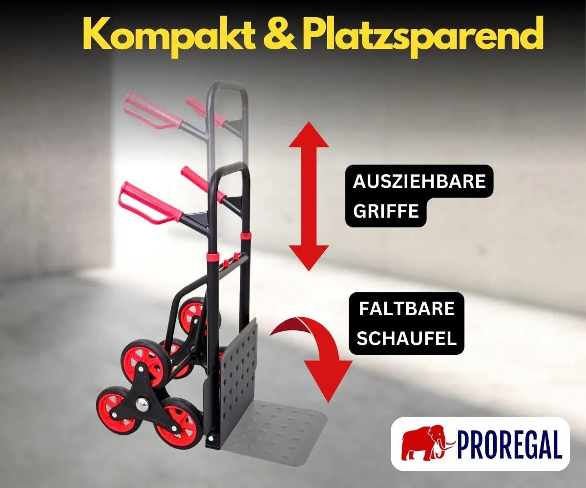 PROREGAL Klappbarer Profi-Treppensteiger Taurus 150kg TÜV Zertifiziert pannensichere Vollgummibereifung 110x45x61cm Rot-Schwarz Sackkarre Transportkarre Staplerkarre