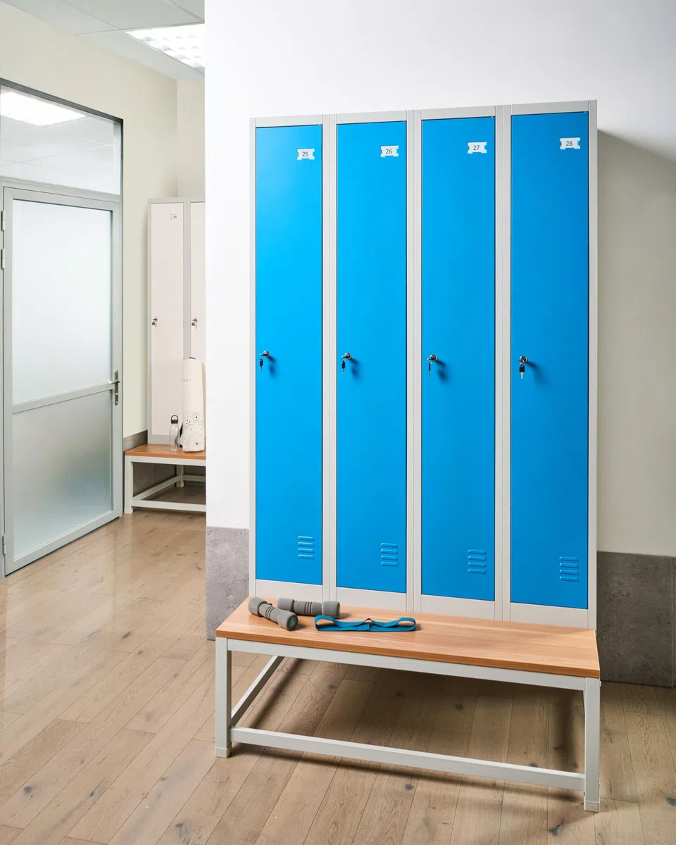 Beliani Viererspind Umkleideschrank 4-türig mit Sitzbank Metall grau/blau abschließbar Athlete