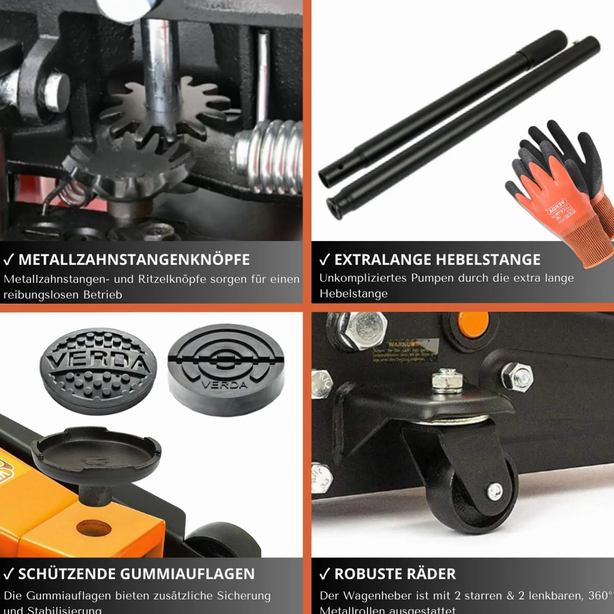 Verda Wagenheber hydraulisch 3T (130-490) 2X Gummi Rangierwagenheber, PKW, Profi, Tief, Doppelpumpsystem Doppelkolben, Heber, Ständer, Flache, Werkstatt, Wohnmobil, Geländewagen Montagehandschuhe