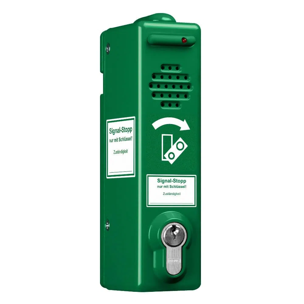 Türwächter ABUS Zylinderschloss gleichschließend, 80 dB/105 dB, grün aus Aluminium, Art.-Nr. 38096 | Türwächter Notausgang | Fluchttürwächter | Türwächter Alarm