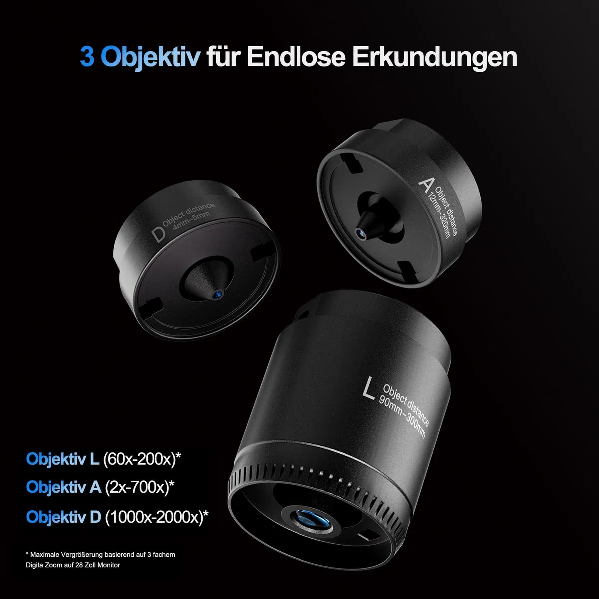 TOMLOV DM602 Pro 10,1 Zoll 3 Objektiv Digitales Mikroskop, 2K 24MP HDMI Lötmikroskop/Biologisches Microscope mit 144 Einstellbaren LED-Ring-Licht, 64GB Karte, 10" Stabiler Ständer, TV/PC Kompatibel