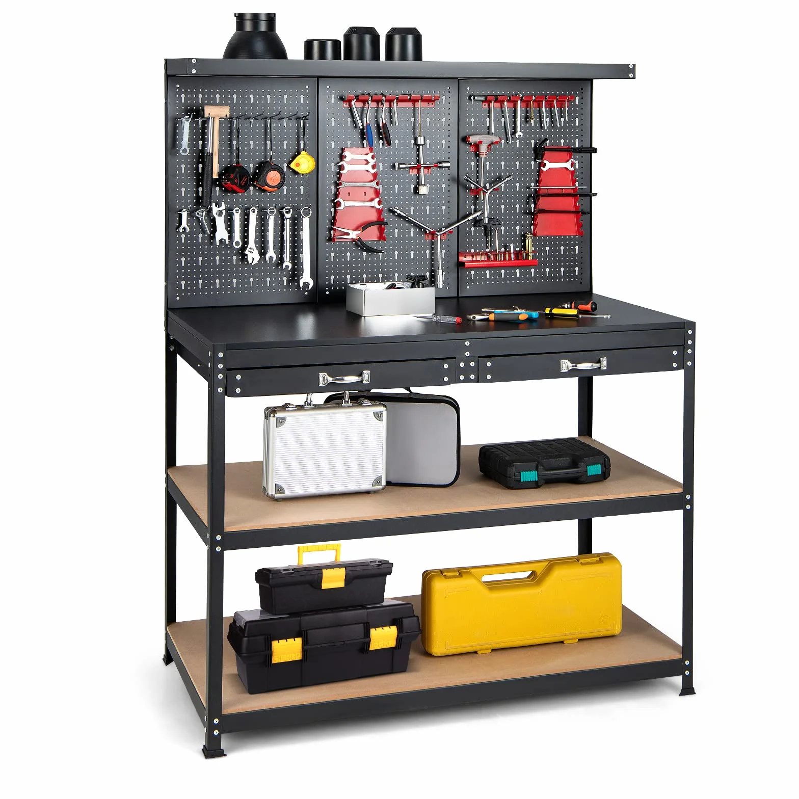 COSTWAY Werkbank, Werkzeugbank mit Lochwand, Werktisch mit Schublade, große Arbeitsplatte & 3 Ablagen, inkl. 13 Zubehörteile zum Aufhängen, Arbeitstisch für Garage und Werkstatt (121 x 61 x 156 cm)