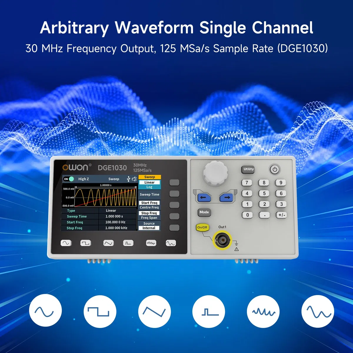 OWON Signalgenerator, Funktionsgenerator DGE1030, einkanaliger Ausgang, 30 MHz Frequenzausgang, 125 MSa/s Abtastrate, 14 Bits vertikale Auflösung