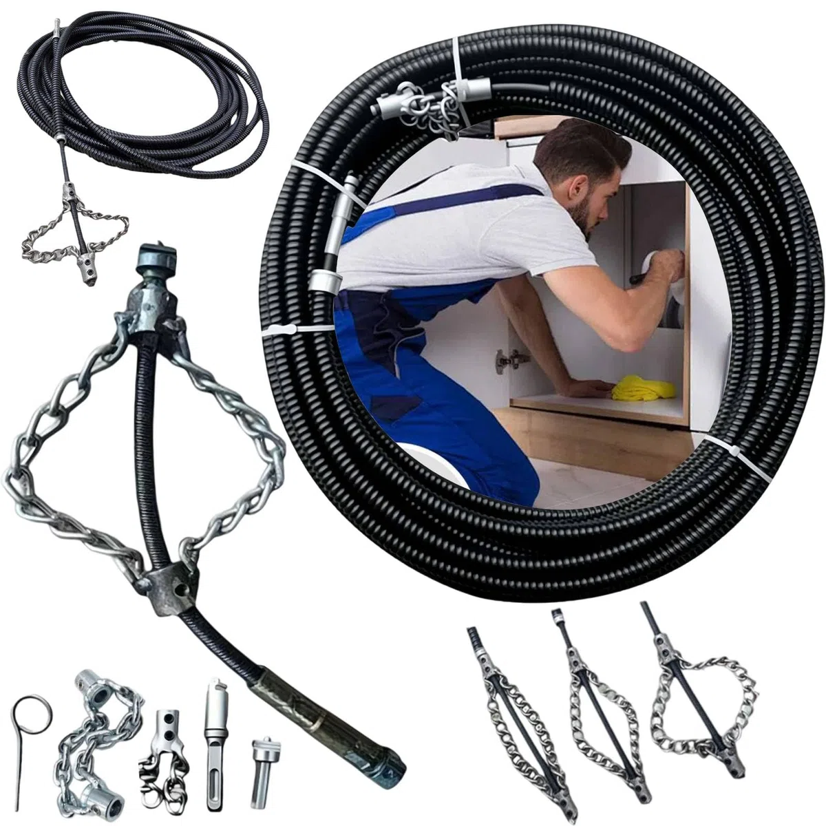 Flex-Shaft Abwasser-Entkalkungskette, Flex-Schaft-Entkalker, Push-Typ-Drehkabel, Abwasser-Dredge-Bohrwerkzeug, Mehrzweck-PVC-Rohr-Wartungswerkzeug, für 16 mm Feder (mit 302,3 cm Flexschaft)
