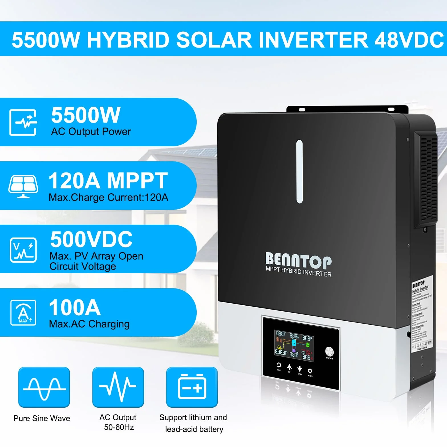 Hybrid Wechselrichter Reiner Sinus 5500W 48 V DC auf 220/230 V AC Solarwechselrichter PV Max.500V Avec Chargeur Solaire 120A MPPT für Netzunabhängige Blei-Säure-Lithium-Batterie