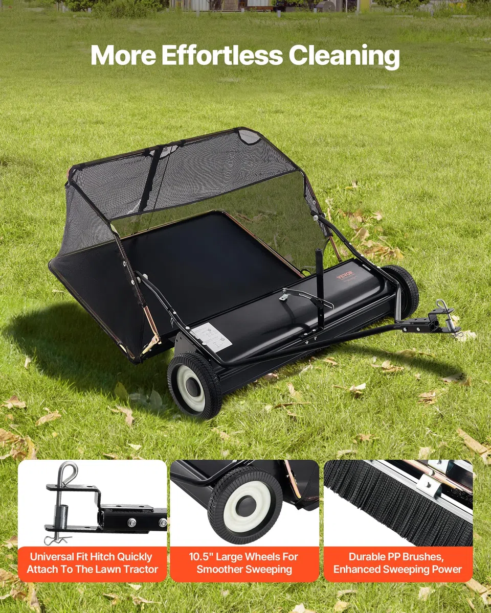 VEVOR Rasenkehrmaschine, 132 cm Kehrbreite, Laubkehrmaschine mit verstellbare Kehrhöhe, Rasenkehrer mit 736 L, Laubkehrer, Anhänge-Kehrmaschine für Rasentraktor, Garten, Hof, Rasenpflege