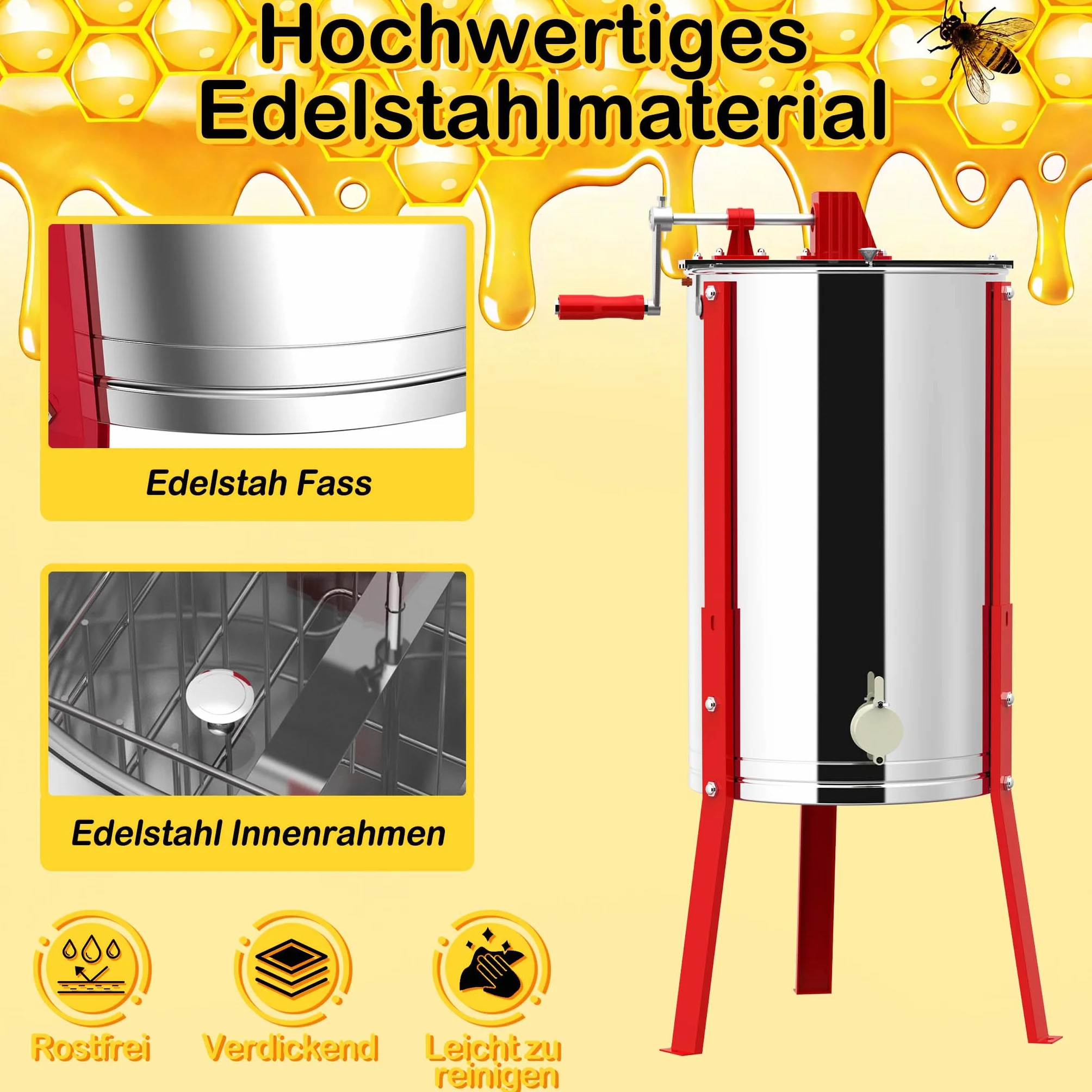 Aufun Manuelle Honigschleuder Waben Tangentialschleuder Edelstahl, Honigextraktor Tangentialschleuder mit Deckel und Verstellbarem Ständer (2 Waben)