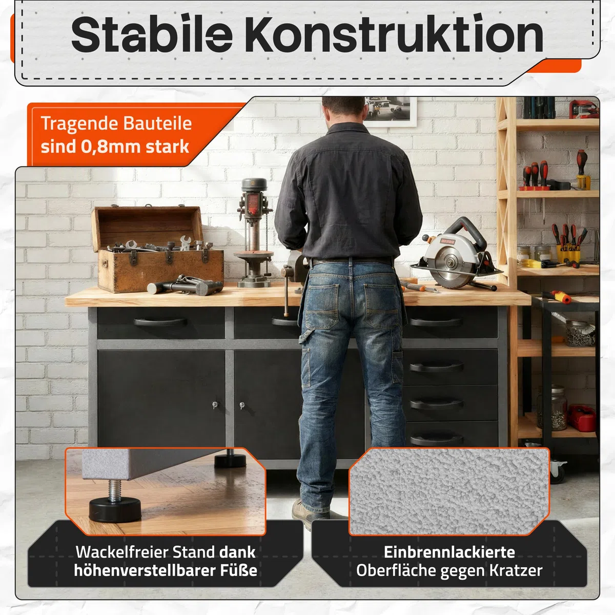 Ondis24 Werkbank Karsten Werktisch Packtisch 6 Schubladen Werkstatteinrichtung 160 x 60 x 85 (H) cm Buchenholzarbeitsplatte, Metall bis 510kg belastbar