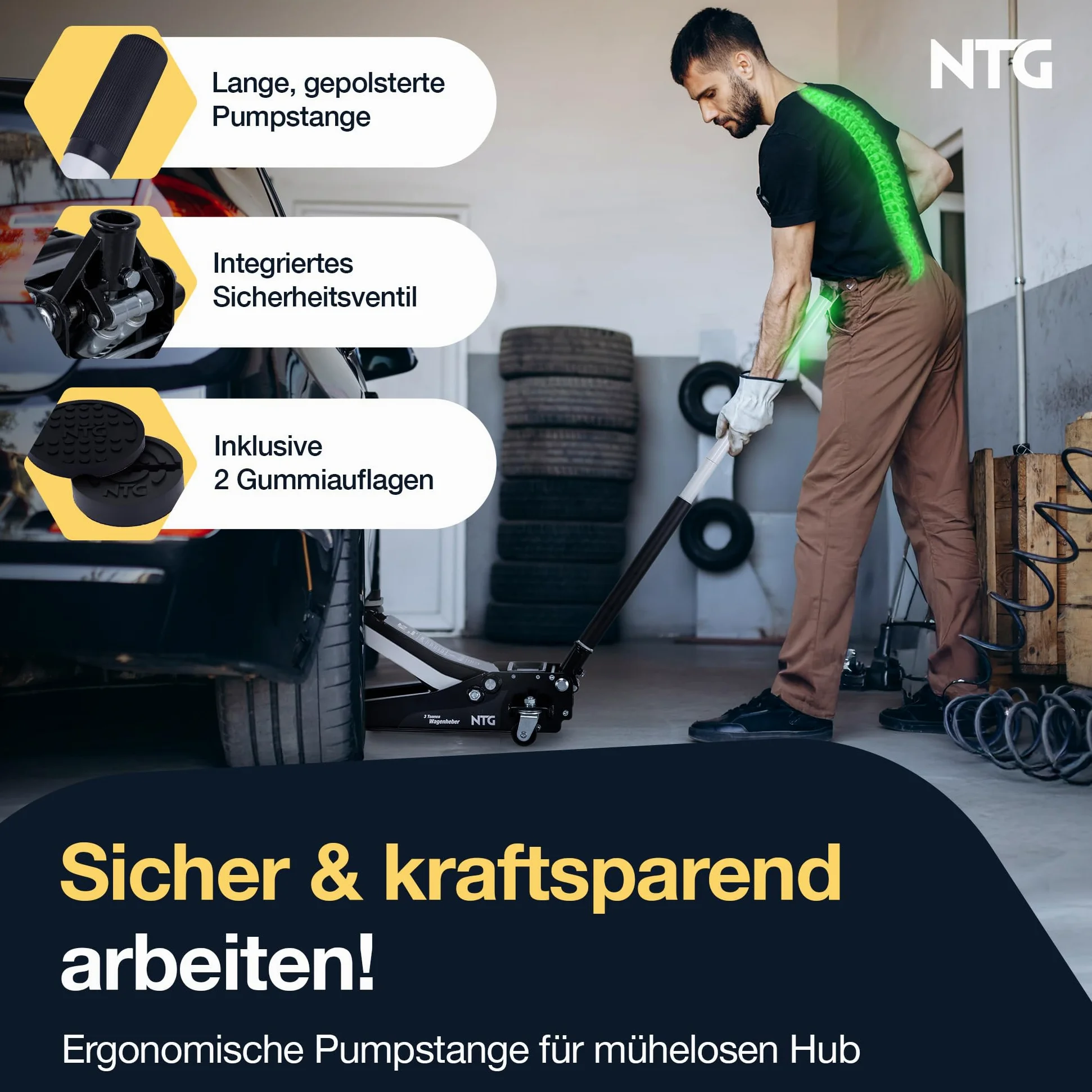 NTG HYDRAULISCHER WAGENHEBER 3T – Wagenheber Hydraulisch mit Doppelkolben & Schnellhub, 85–485 mm Hubhöhe – Rangierwagenheber inkl. 2 Gummiauflagen für PKW & SUV