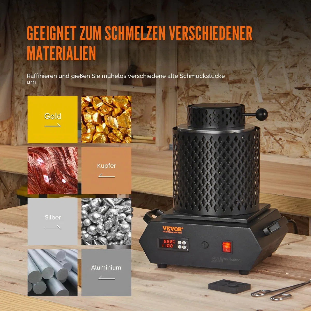 VEVOR Goldschmelzofen 1350 W, Elektrischer Digitaler Schmelzofen, 1150 ℃, elektrischer Schmelzofen mit 1 kg & 3 kg Graphittiegeln zum Schmelzen von Gold, Silber, Kupfer, Aluminium usw. Schwarz