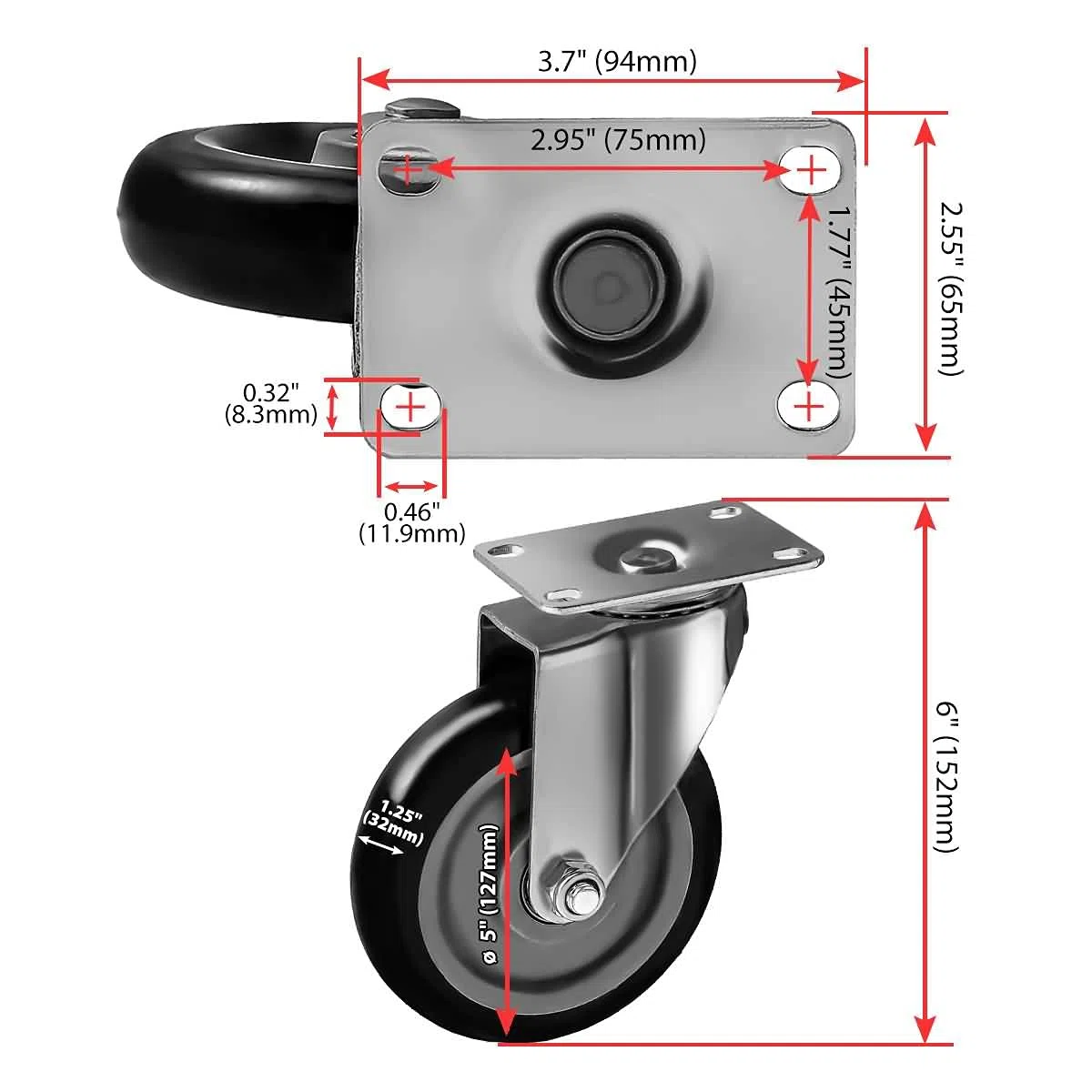 Lenkrollenplatte 4 mit Bremse und 4 Platten belastbar auf roten PU-Rädern Stützrad mit robusten Schrauben 5'' Combo 8pcs + Screws - Black