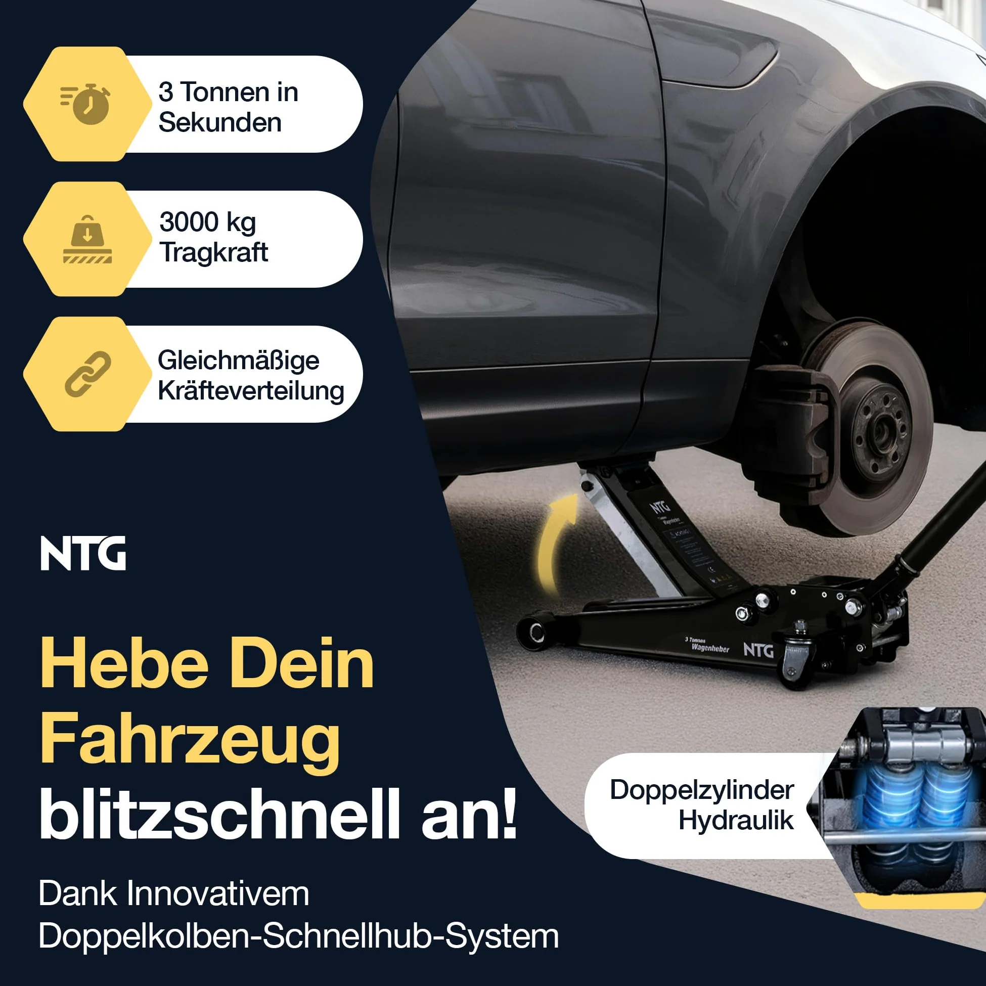 NTG HYDRAULISCHER WAGENHEBER 3T – Wagenheber Hydraulisch mit Doppelkolben & Schnellhub, 85–485 mm Hubhöhe – Rangierwagenheber inkl. 2 Gummiauflagen für PKW & SUV