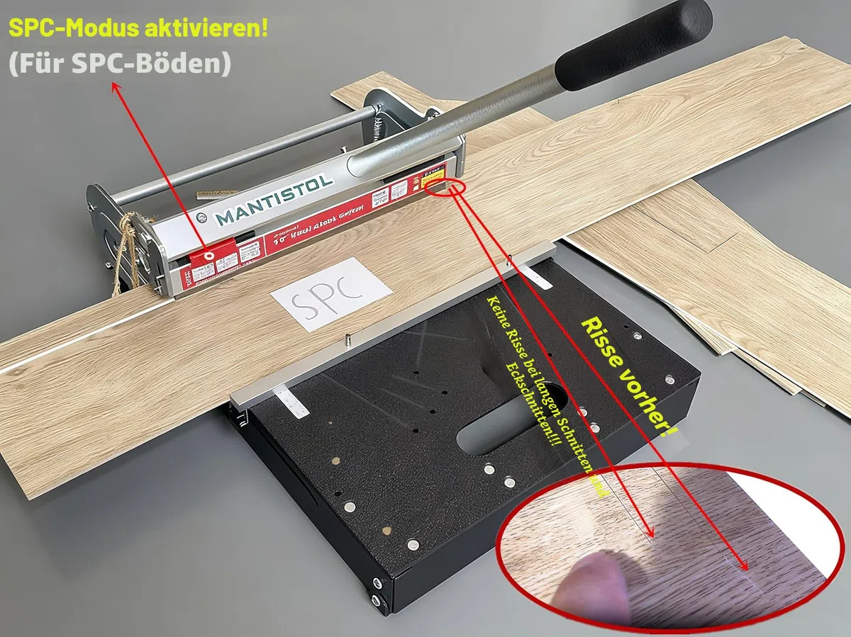 Pro Bodenschneider mit starrem Kern und extra Klinge, schneidet LVP, WPC, LVT, SPC, VCT, PVC für komplexe Arbeiten. Kein Absplittern, kein Strom erforderlich