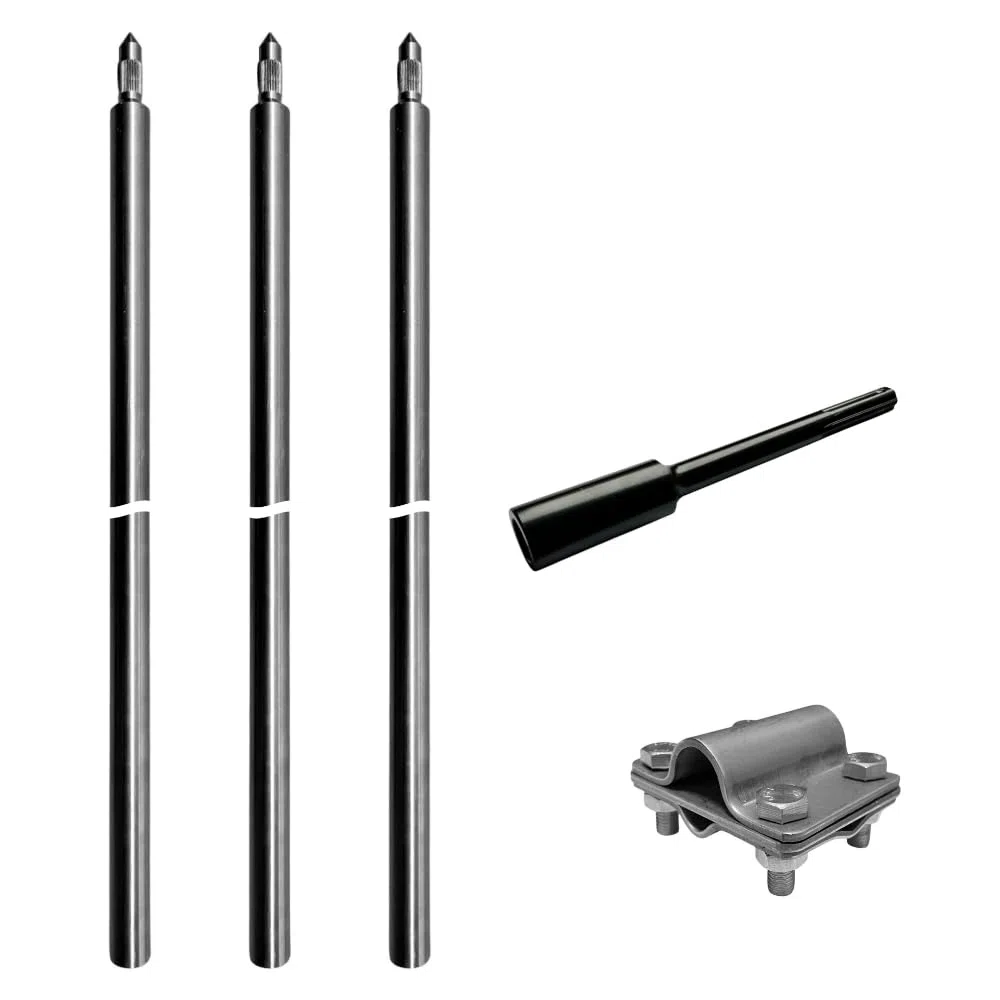 Tiefenerder V4A Set 3x 1m - Erdungsstangen 20mm Durchmesser aus Edelstahl + SDS Max Eintreiber + Kreuzerder Klemme - Erdungsstab für Erdungskabel PV Anlage Staberder 1m Erdung Komplettset