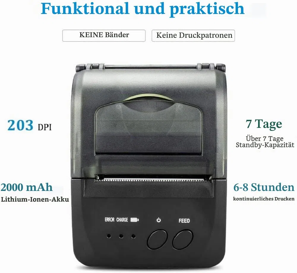 NETUM Kabelloser Bluetooth-Belegungs-Thermodrucker (DE), Tragbarer Persönlicher Rechnungsdrucker, 58 mm, Mini-USB-POS-Drucker für Restaurants, Kompatibel mit Android/PC/Windows/Linux
