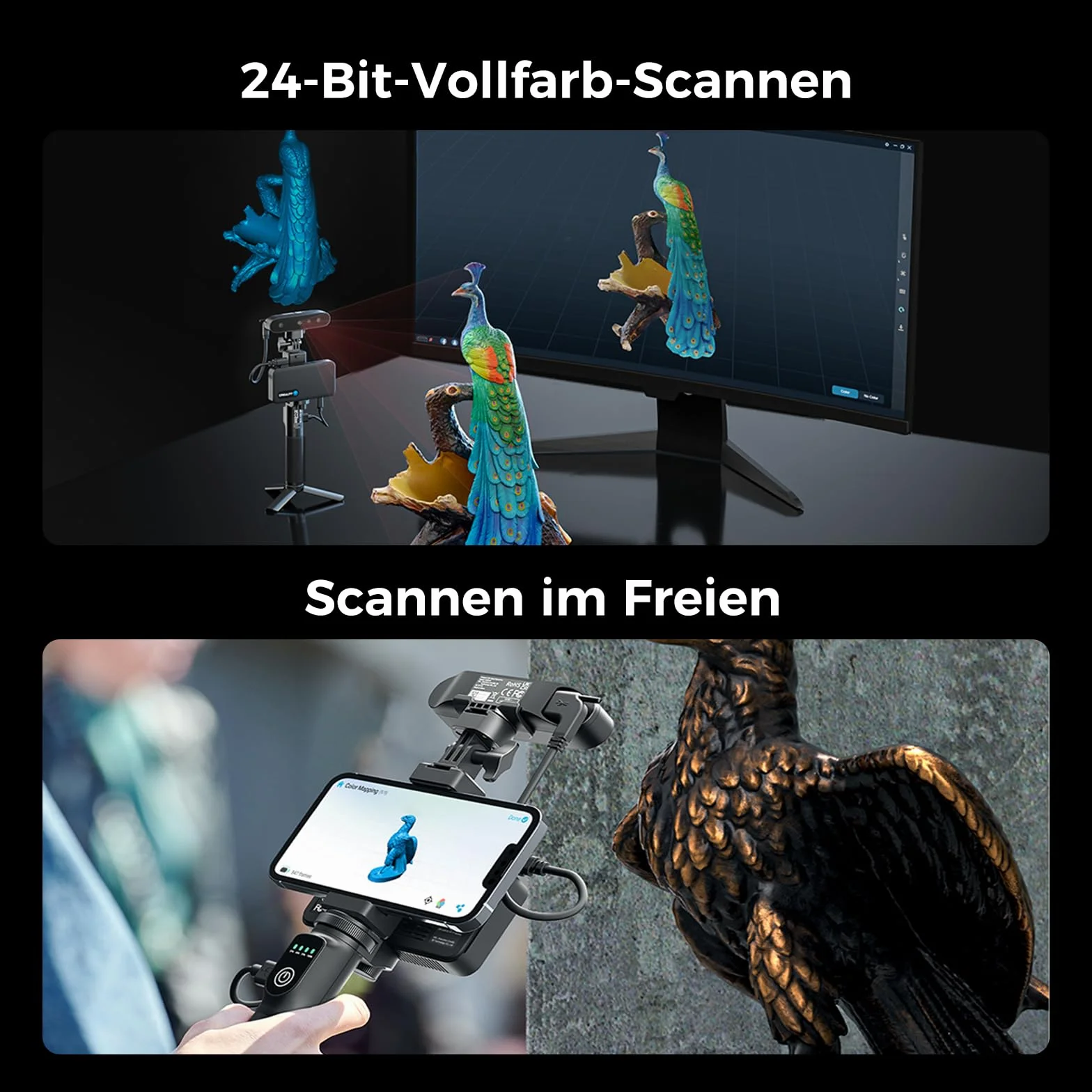 Creality CR-Scan Ferret Pro 3D-Scanner, Drahtlos, 0,1 mm Genauigkeit, Vollfarbscan 24-Bit, Anti-Shake Tracking, WiFi6 für iOS/Android/PC/Mac – Inkl. Powerbank-Stativ & Tragetasche