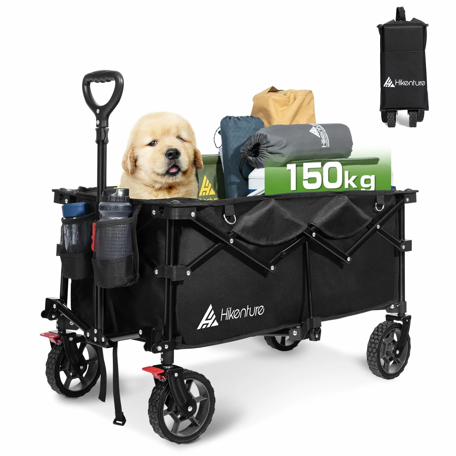 HIKENTURE Bollerwagen Faltbar 135L - Faltbarer Bollerwagen 150KG belastbar - Klappbarer Handwagen für Strand Camping Einkaufen - Faltbollerwagen