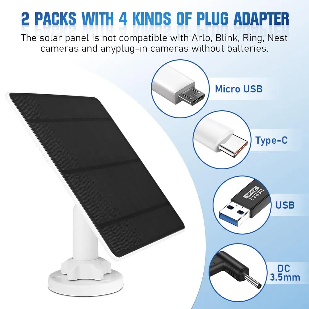 5W Solarpanel für Überwachungskamera Aussen Akku, 5V Solarmodul ist kompatibel mit WYZE Battery Cam Pro, Eufy Camera & Arlo Essential Spotlight/XL Spotlight Camera, mit Micro-USB, DC, Type-C(2 PACK)