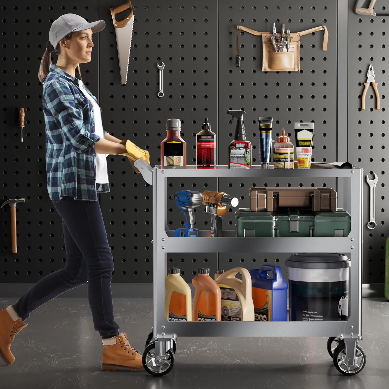 Edelstahl Rollwagen Werkstatt, 3-Etagen Rollbar Montagewagen mit 500kg Tragkraft, Multifunktionaler Materialwagen mit Rollen, Kommissionierwagen, Vielzweckwagen für Garage, Werkstatt, 78 x 46 x 92cm