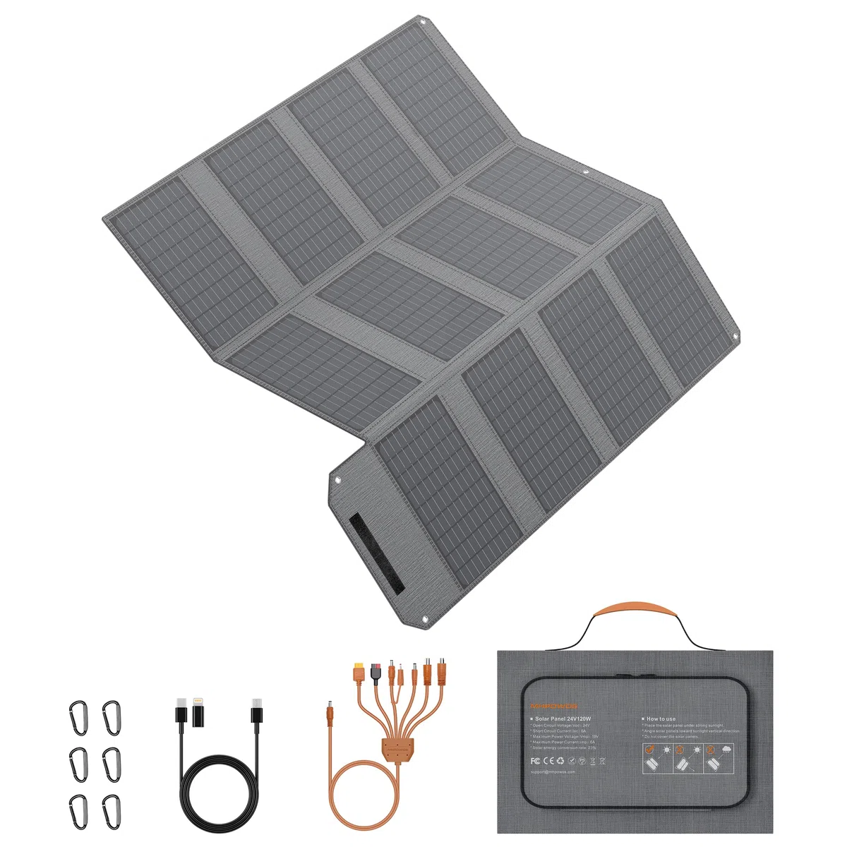 120W 19V Tragbares Solarpanel, Faltbares Solarladegerät mit 7-in-1-Solarstecker, IP65 Wasserdicht Camping-Solarpanel für Tragbare Kraftwerk, Smartphone, PC, Camping, Wandern, Outdoor-Reisen