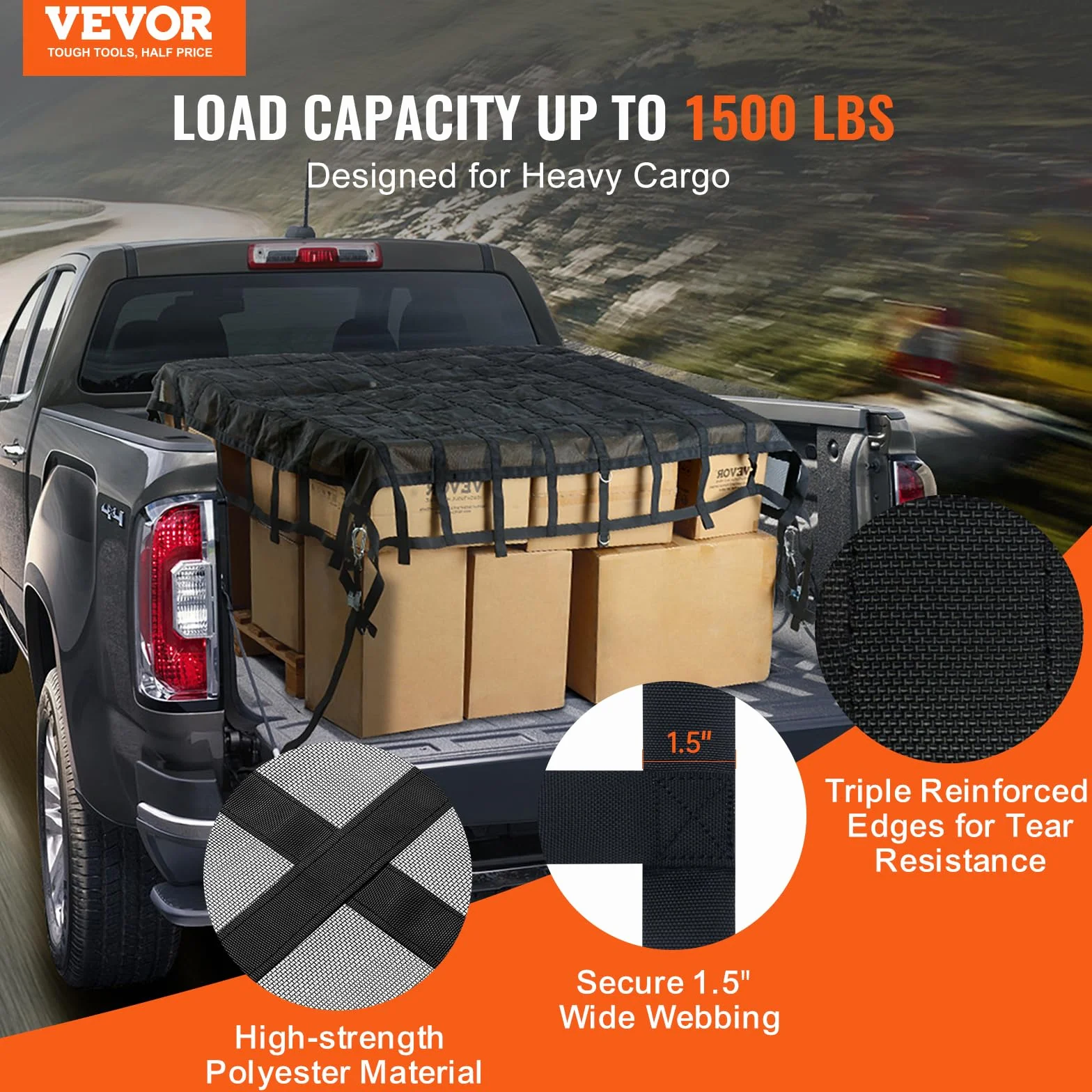 VEVOR Frachtnetz, 2440 x 2060 mm, LKW-Ladeflächennetz, 4 verstellbare Gurte mit Karabinern & S-Haken, Transportnetz verschleißfest & wetterfest, Gepäcknetz geeignet für Pickup, LKW, Jeep, SUV, Boot